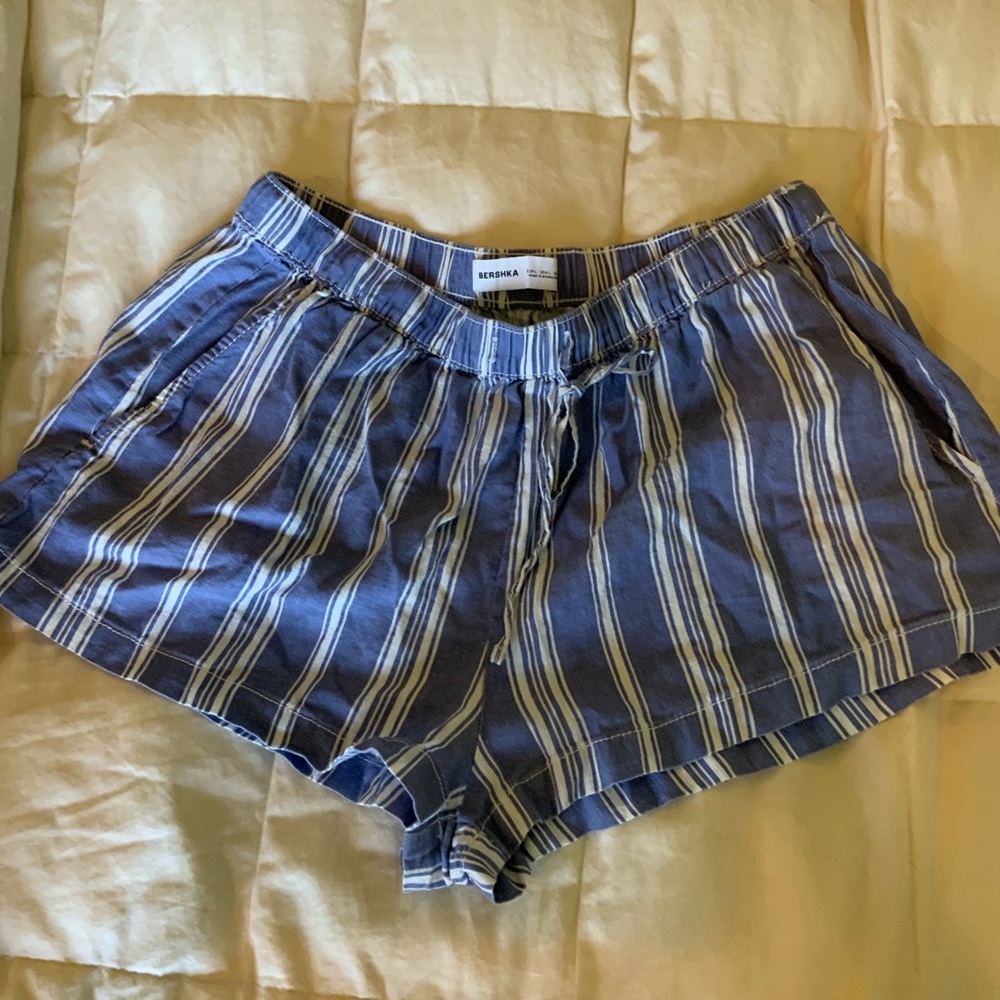Bershka High Waist Blue and White Striped Shorts